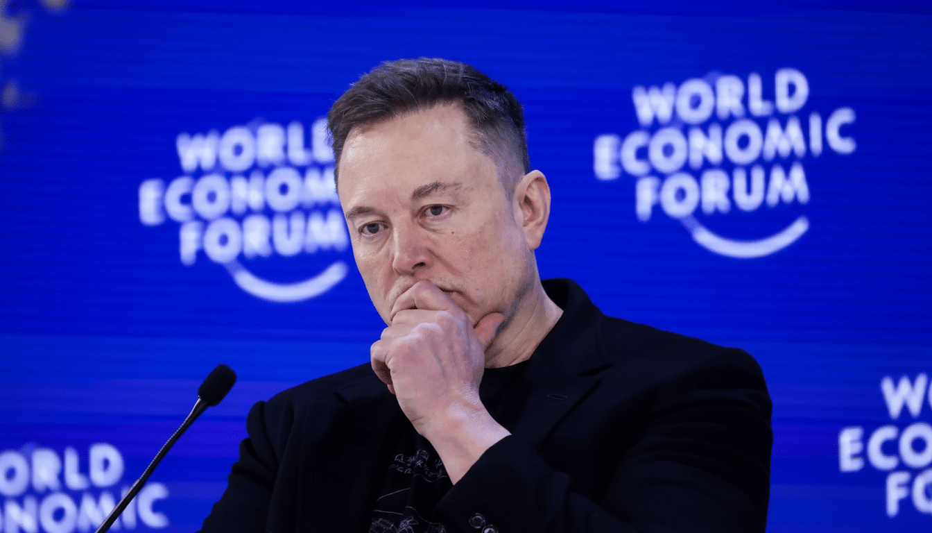 A 16:9 aspect ratio image of Elon Musk at the World Economic Forum, with the original background preserved.