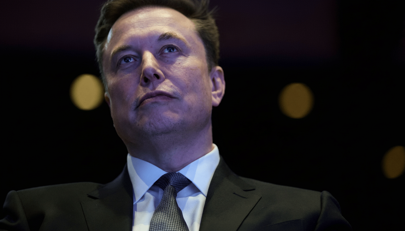 A professional, enhanced image of Elon Musk looking upwards, resized to a 16:9 aspect ratio with the original background preserved.