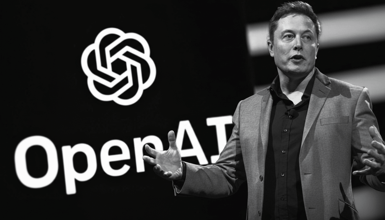A black and white image of Elon Musk speaking in front of an OpenAI logo, resized to a 16:9 aspect ratio.