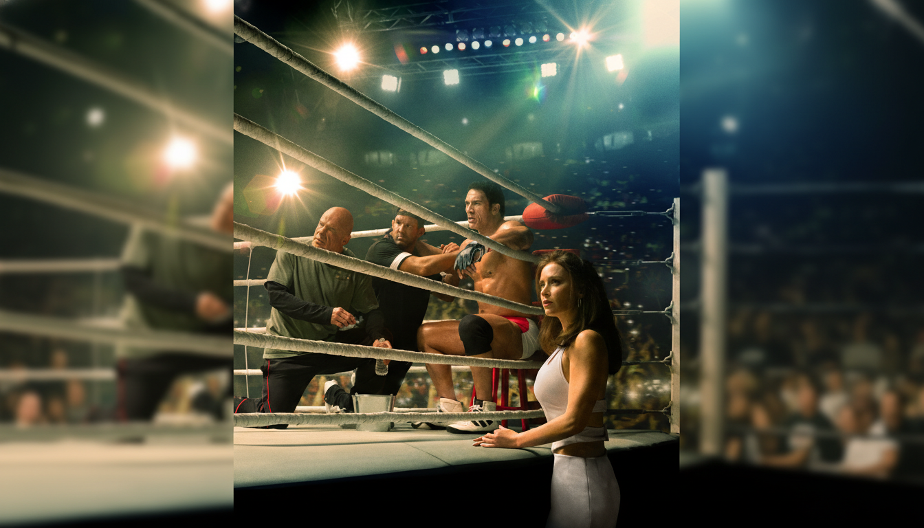 A professional wrestling scene with a wrestler, his coach, and another man in the ring, while a woman stands outside the ropes.