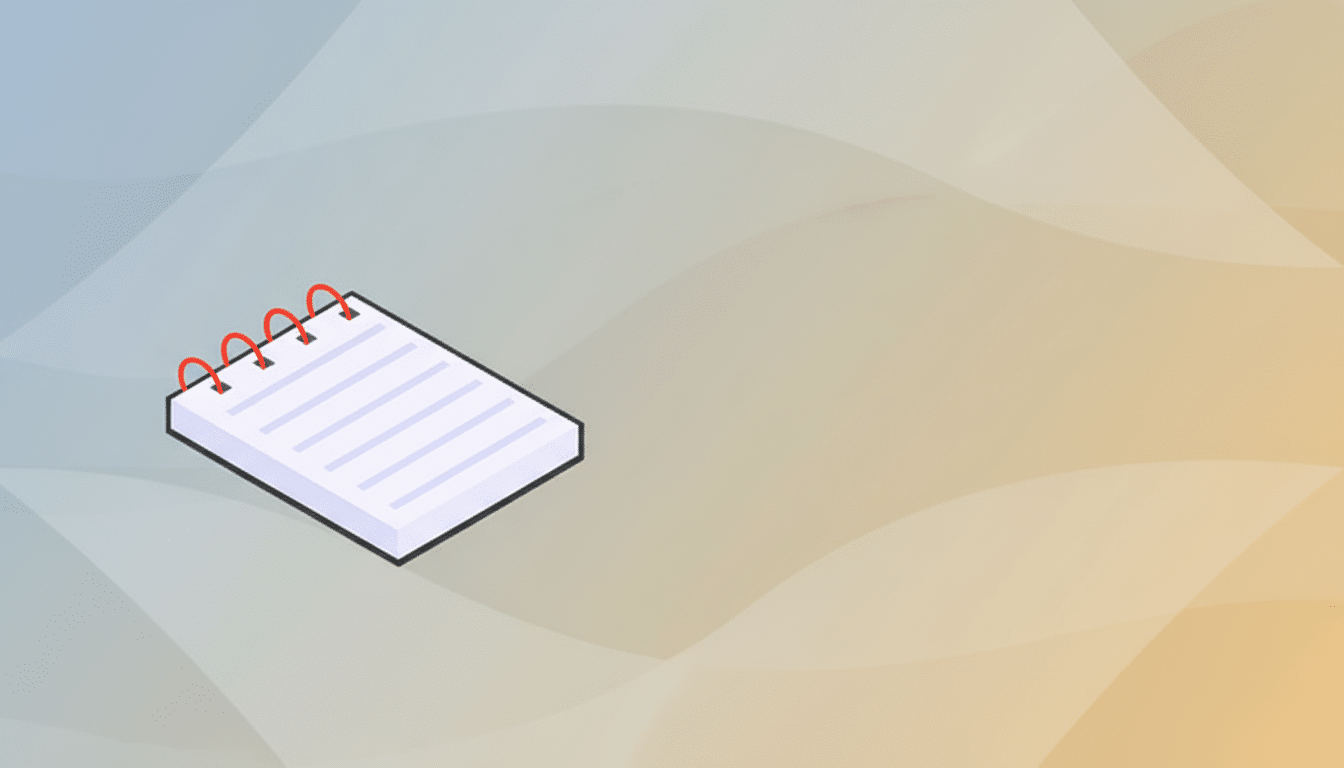 A 16:9 aspect ratio image featuring an isometric spiral notepad icon with red rings and lined paper, set against a professional flat design background with soft, wavy blue and orange gradients.