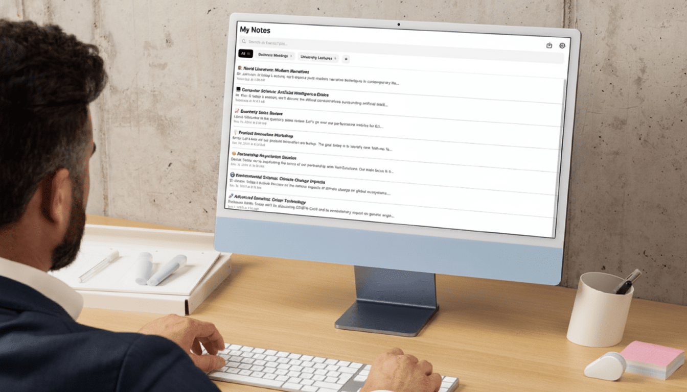 A man from behind, working on a desktop computer displaying a My Notes application with various lecture and meeting notes.