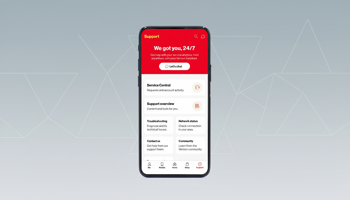 A smartphone displaying the Verizon Support app interface, set against a professional flat design background with soft geometric patterns.