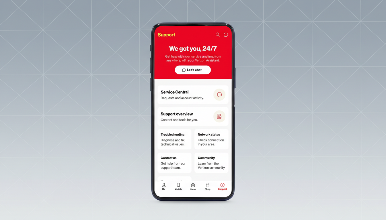 A smartphone displaying the Verizon Support app interface, set against a professional flat design background with soft patterns.