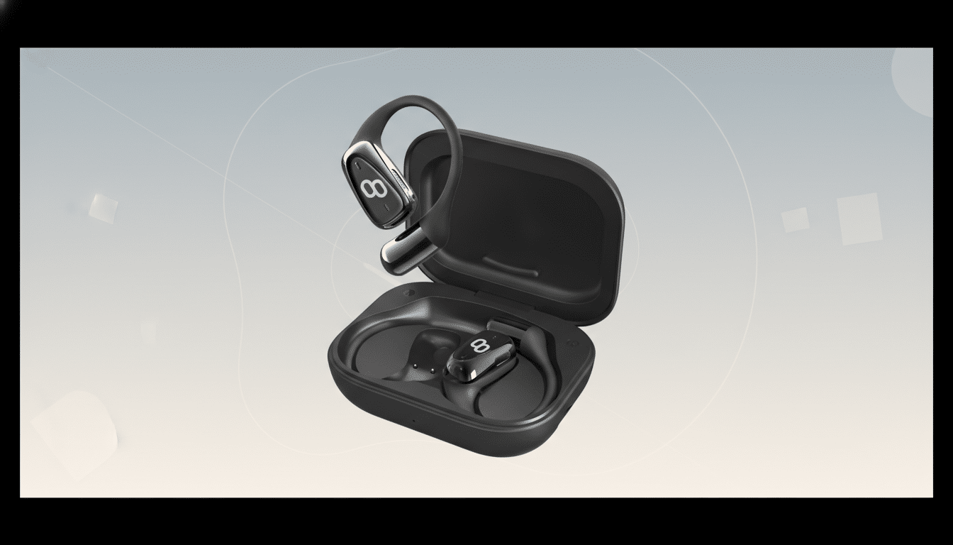 A pair of black wireless earbuds with ear hooks, one resting in its open charging case and the other slightly elevated, presented against a professional flat design background with soft gradients and subtle geometric patterns.