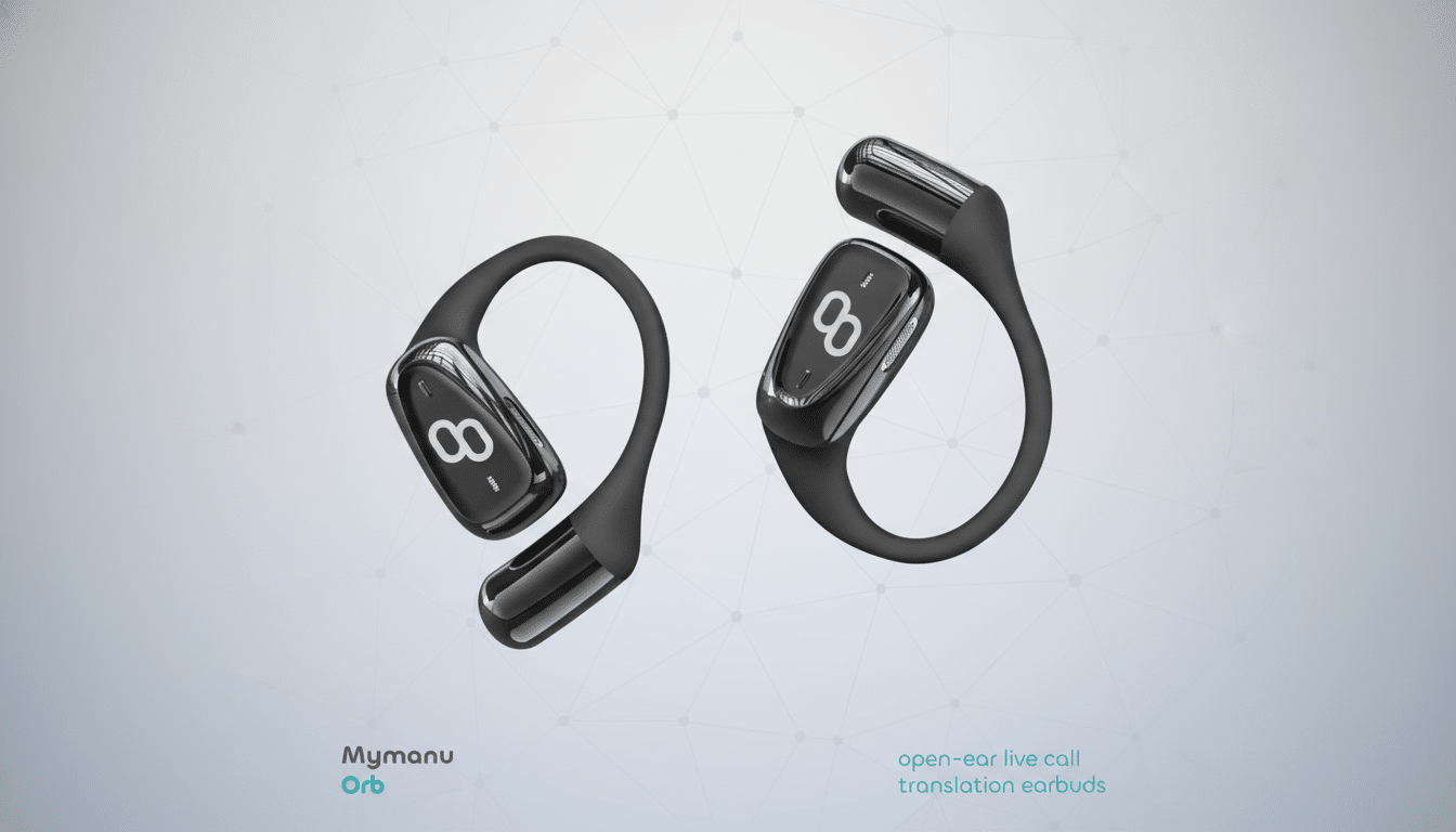 A pair of black Mymanu Orb open-ear live call translation earbuds, presented on a professional light gray background with subtle geometric patterns, resized to a 16:9 aspect ratio.