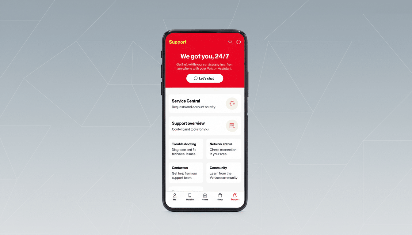 A smartphone displaying the Verizon support app interface, set against a professional flat gray background with subtle geometric patterns.