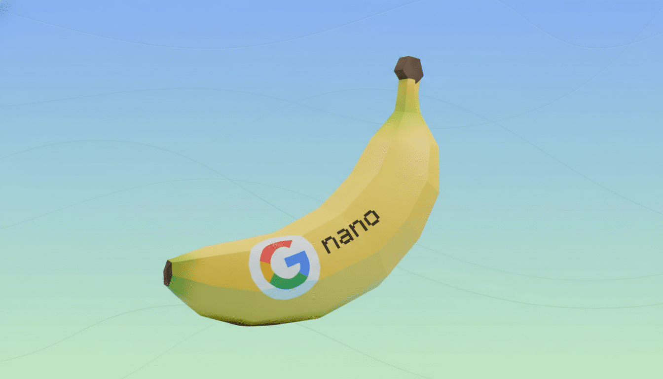 A low-poly banana with a Google G logo and the word nano on its side, set against a professional flat design background with soft blue and green gradients and subtle wave patterns.