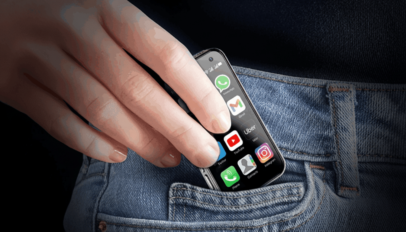 A hand placing a small smartphone with various app icons into the front pocket of blue jeans.