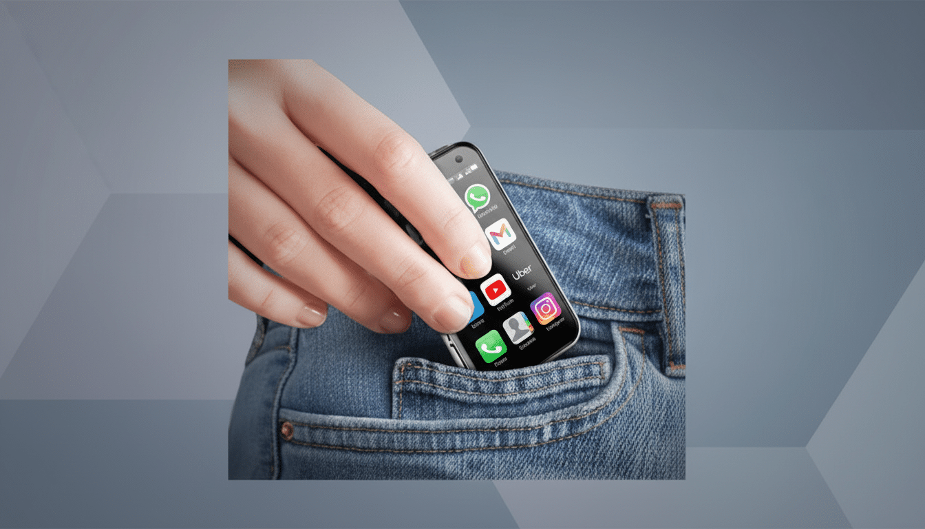 A hand holding a small smartphone, placing it into the front pocket of blue jeans. The phone screen displays various app icons.