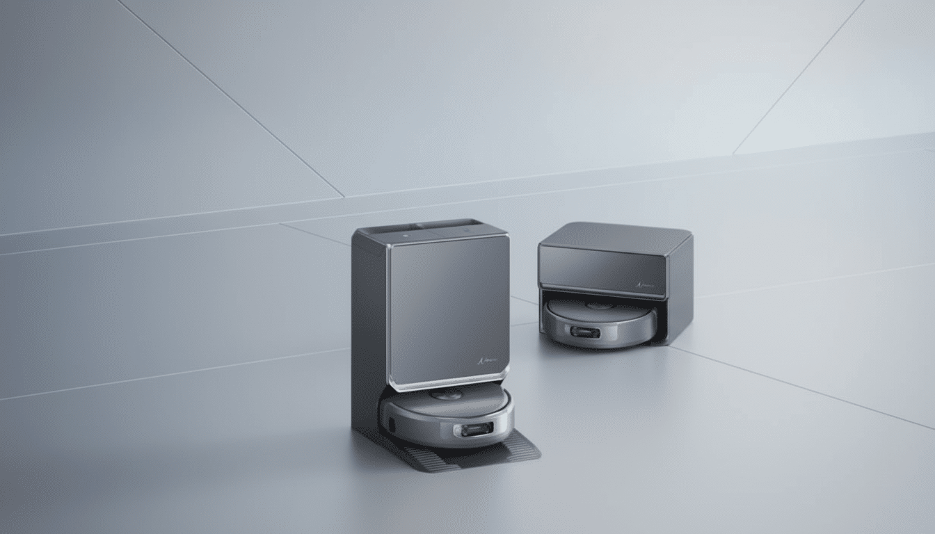 A sleek, dark grey robotic vacuum cleaner with a self-emptying station, presented in a professional 16:9 aspect ratio with a clean, light grey background.