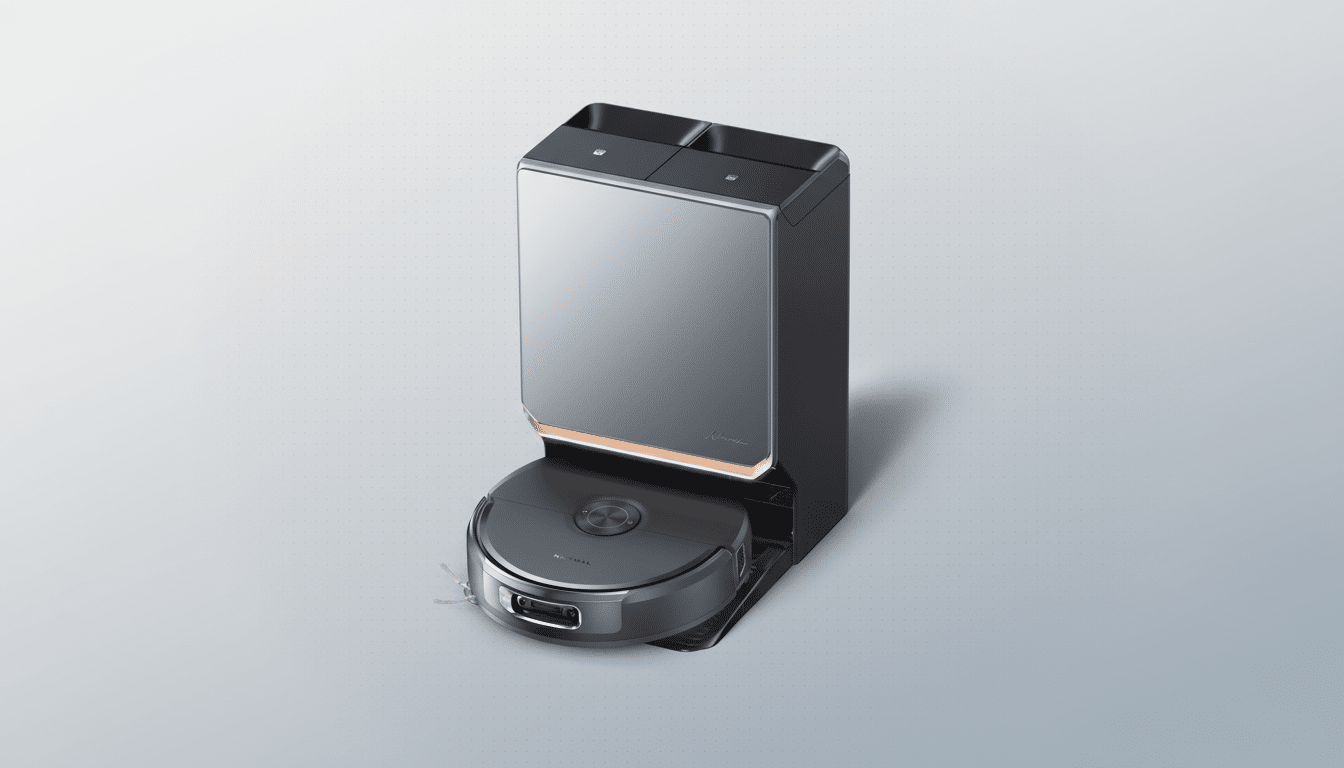 A Narwal Freo robot vacuum and its self-cleaning station are presented on a clean, professional gray background with subtle gradient lighting.