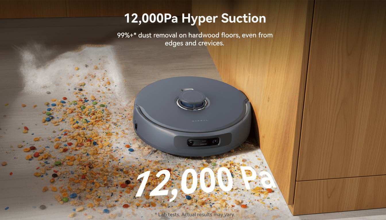 A Narwal robot vacuum cleaner on a floor covered with colorful debris, next to a wooden cabinet. Text on the image highlights 12,000Pa Hyper Suction and 99%+ dust removal on hardwood floors, even from edges and crevices.