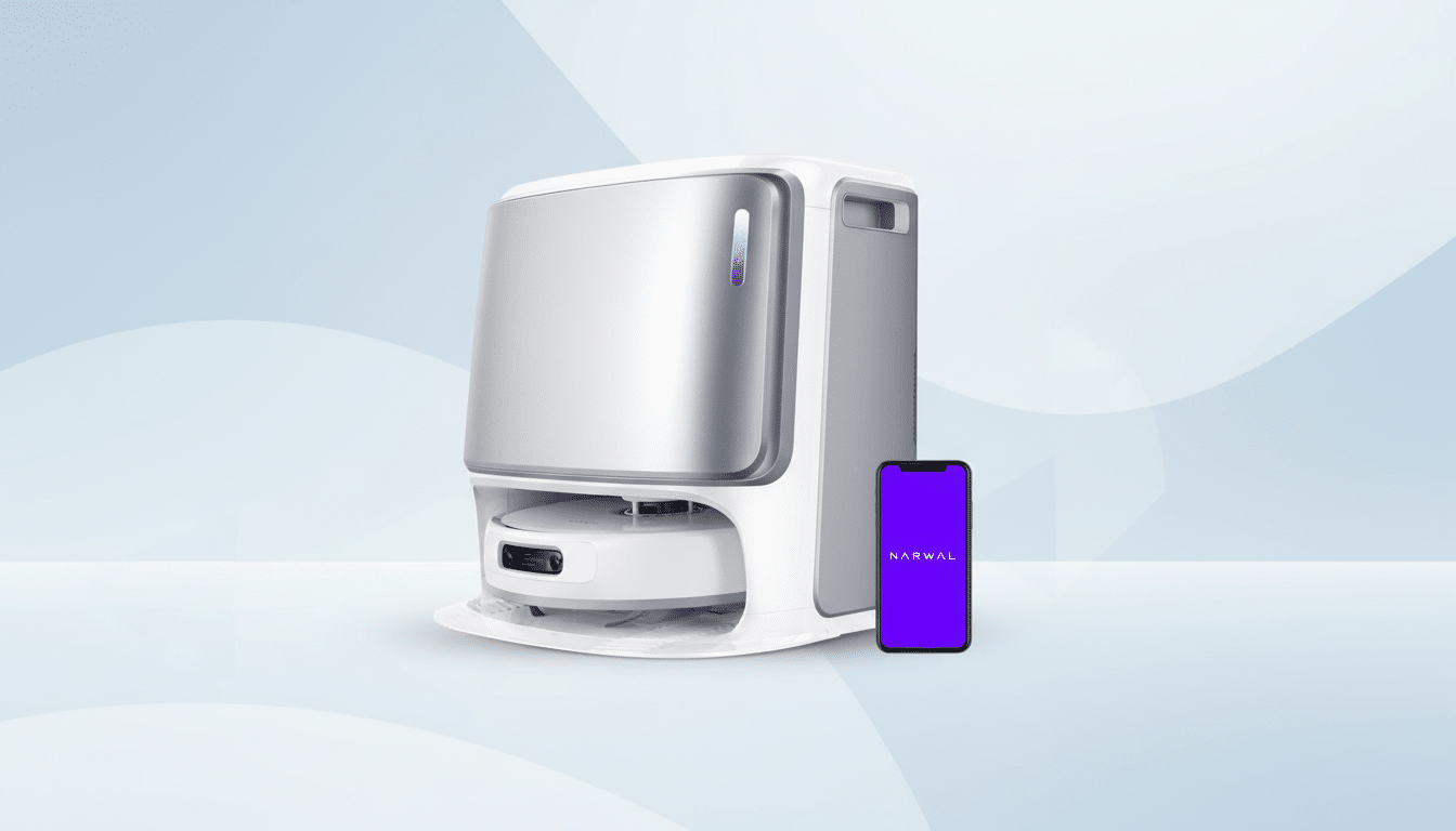A white and silver Narwal robot vacuum and its charging station are presented on a light blue background with subtle wave patterns, alongside a smartphone displaying the Narwal app.