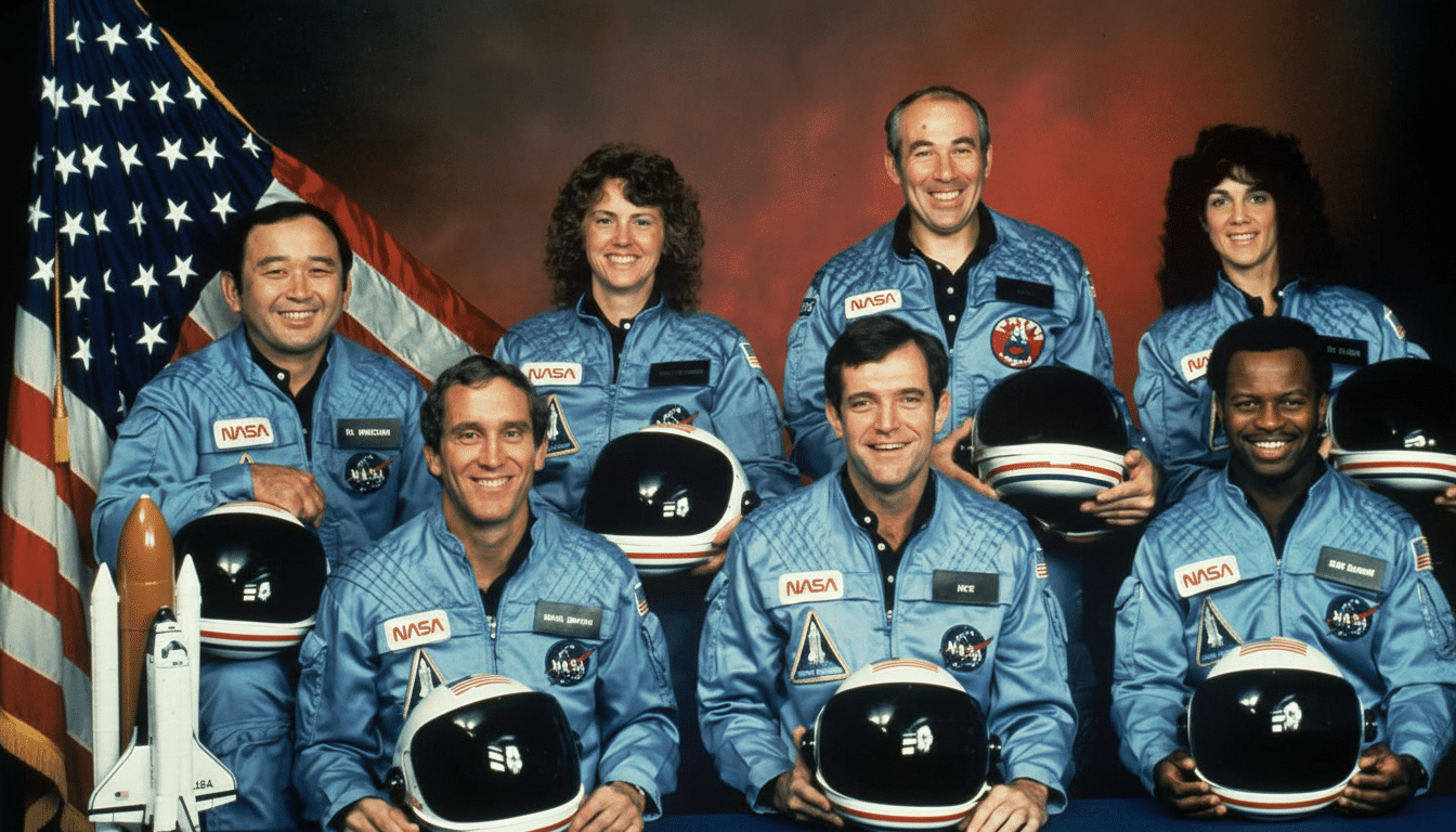 A group of seven astronauts in blue flight suits, holding their helmets, smiling in front of an American flag.