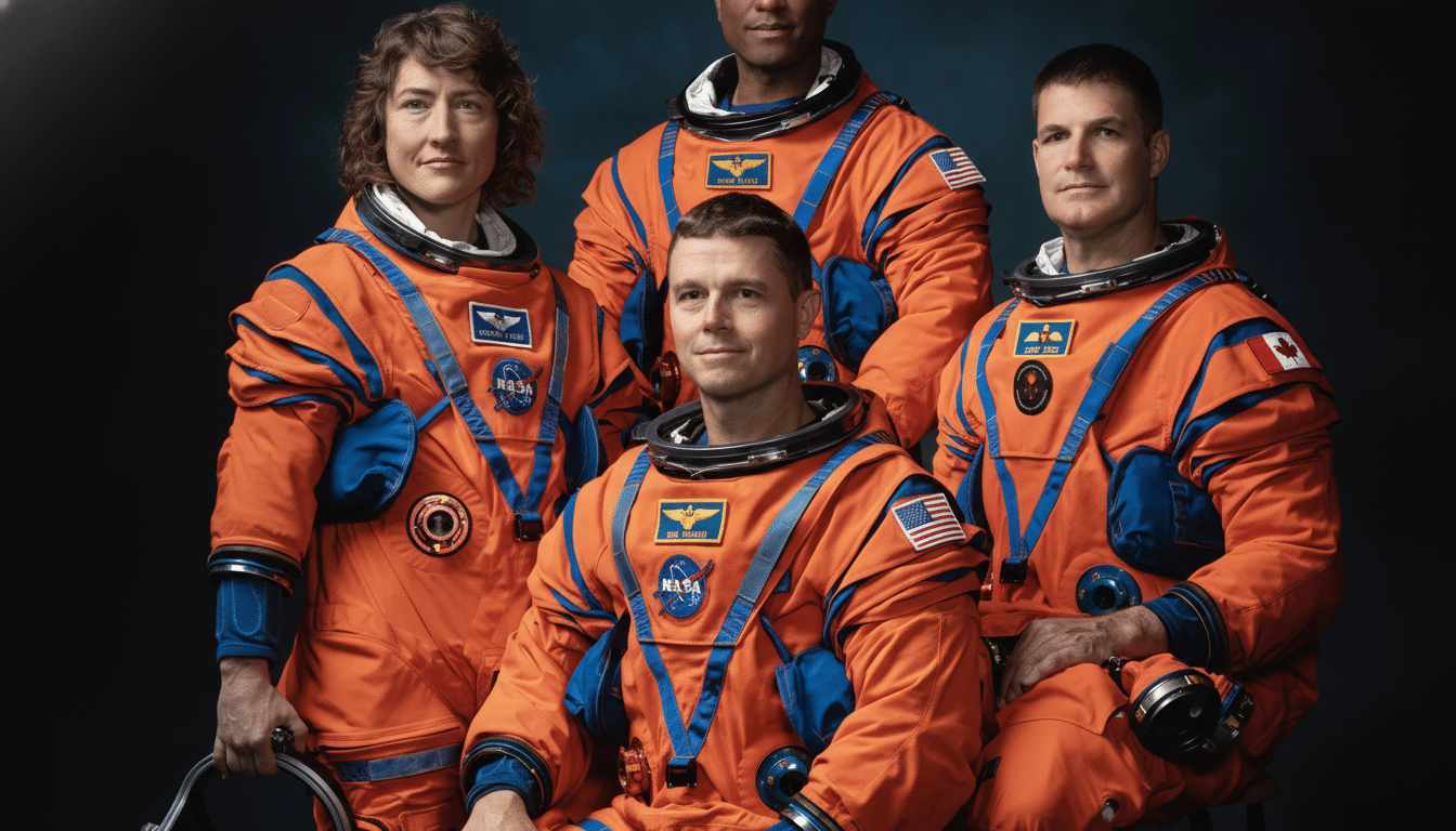 Four astronauts in orange and blue spacesuits, three men and one woman, are posed against a dark background.