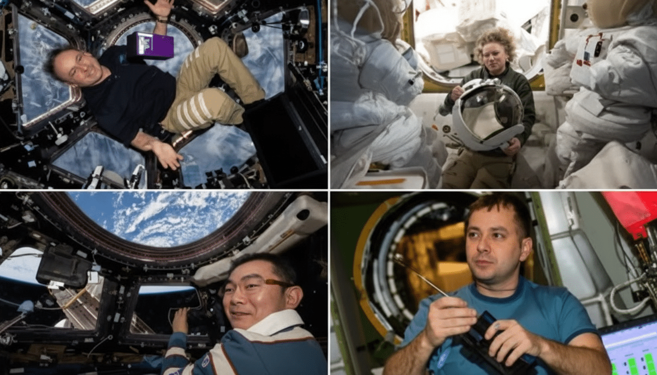A collage of four images showing astronauts in space. The top left shows an astronaut floating in the International Space Stations cupola with Earth visible outside. The top right shows an astronaut holding a helmet, surrounded by space suits. The bottom left shows an astronaut smiling with Earth visible through a window. The bottom right shows an astronaut working with tools inside a spacecraft.