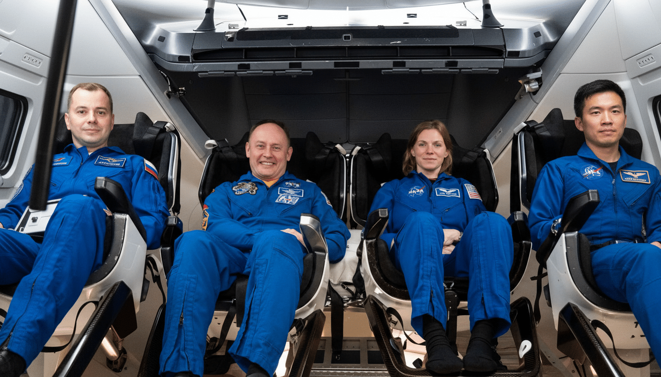 Four astronauts in blue flight suits are seated in a spacecraft, with three visible in the foreground and one partially visible on the far right.