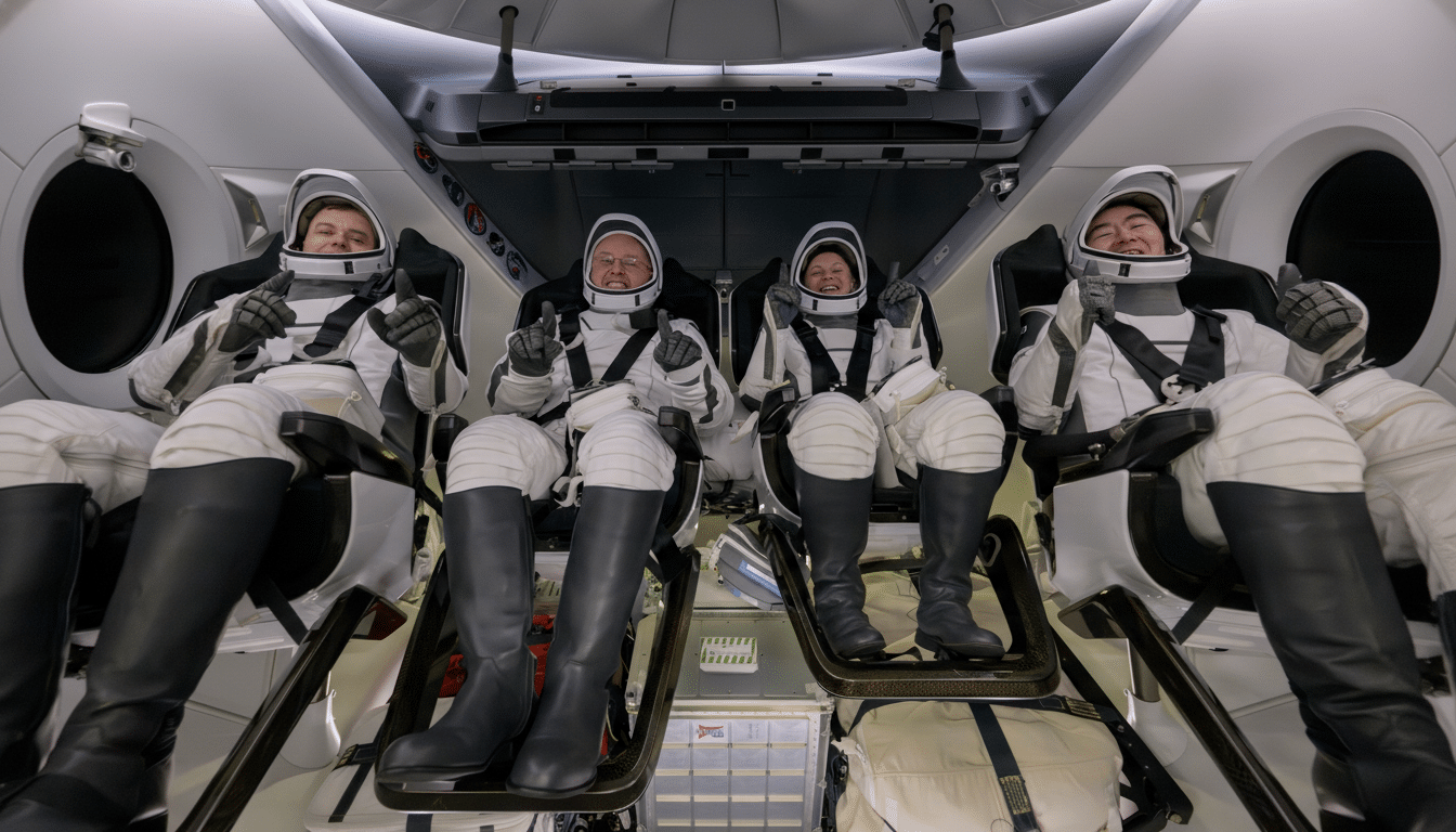 Four astronauts in white spacesuits are seated in a spacecraft, giving thumbs up.