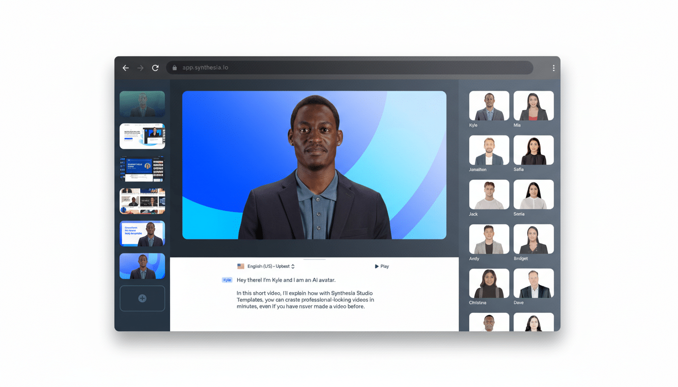 A screenshot of the Synthesia app interface, showing a video of a man named Kyle, an AI avatar, in a 16:9 aspect ratio. The video is centered on the screen, with a blue gradient background. To the left, there are smaller video thumbnails, and to the right, a grid of various AI avatars with their names. The bottom section displays a text transcript of Kyles introduction.