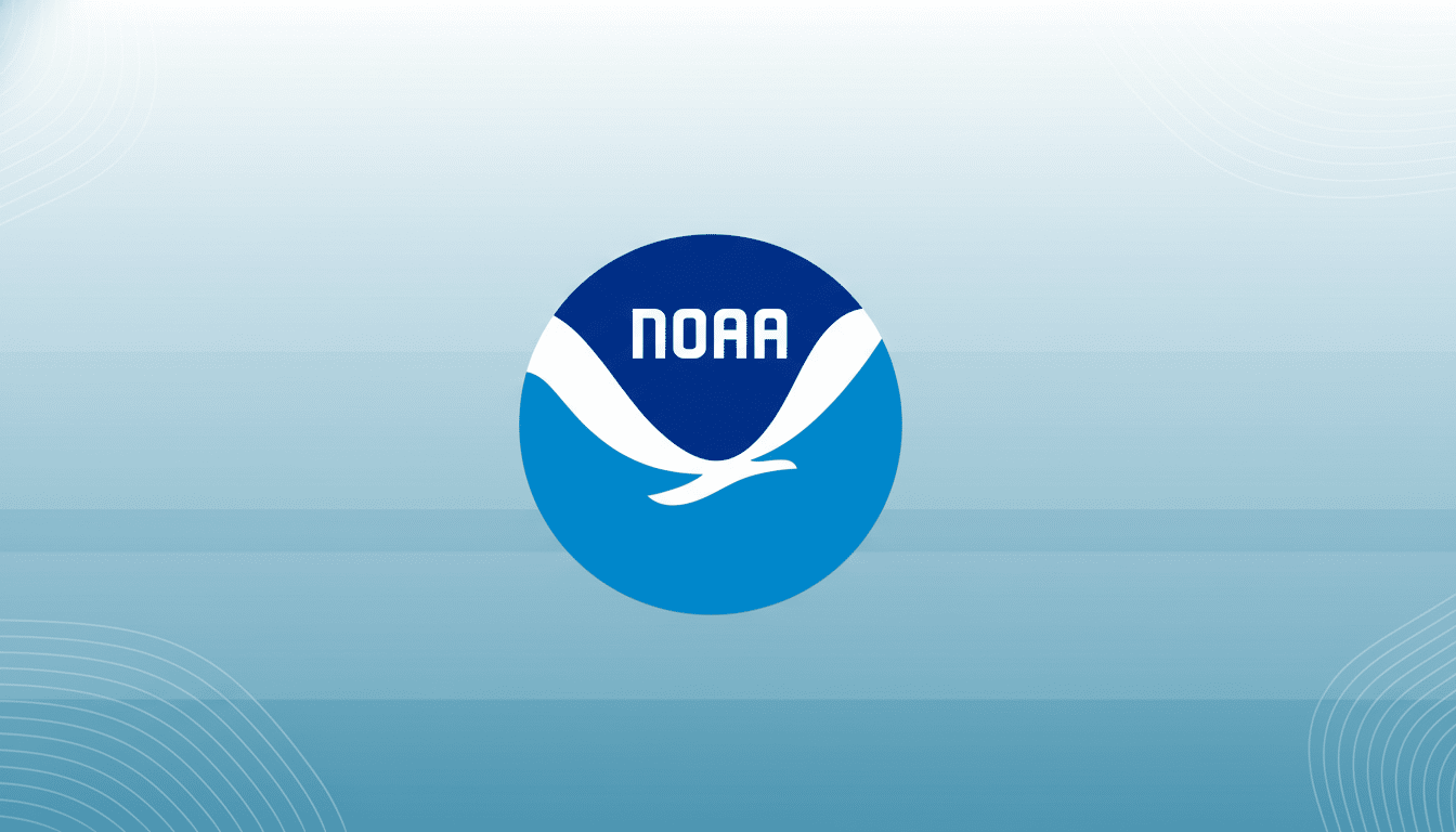 The NOAA logo, featuring the word NOAA in white against a dark blue circle, with a stylized white and light blue bird or wave design below it, all set against a professional light blue gradient background with subtle white line patterns in a 16:9 aspect ratio.