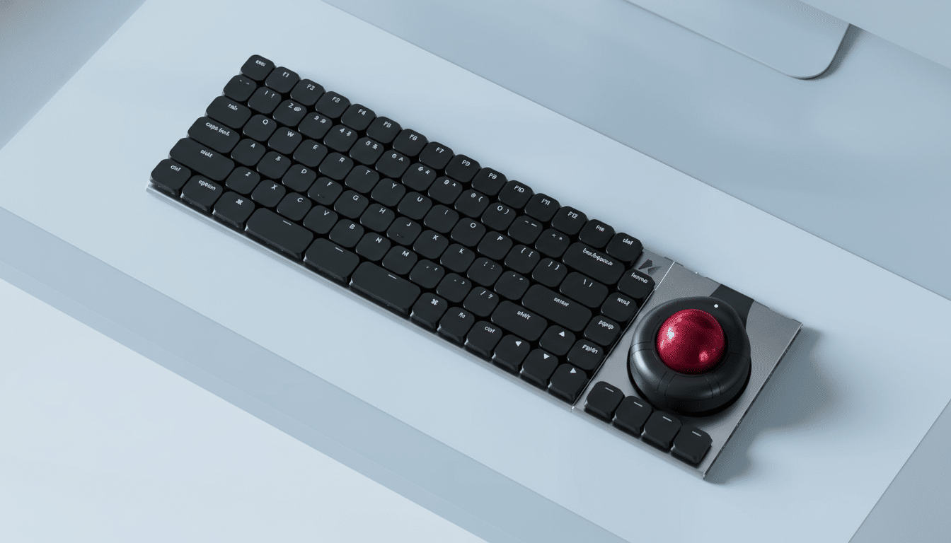 A black keyboard with a red trackball on a light blue and white background.