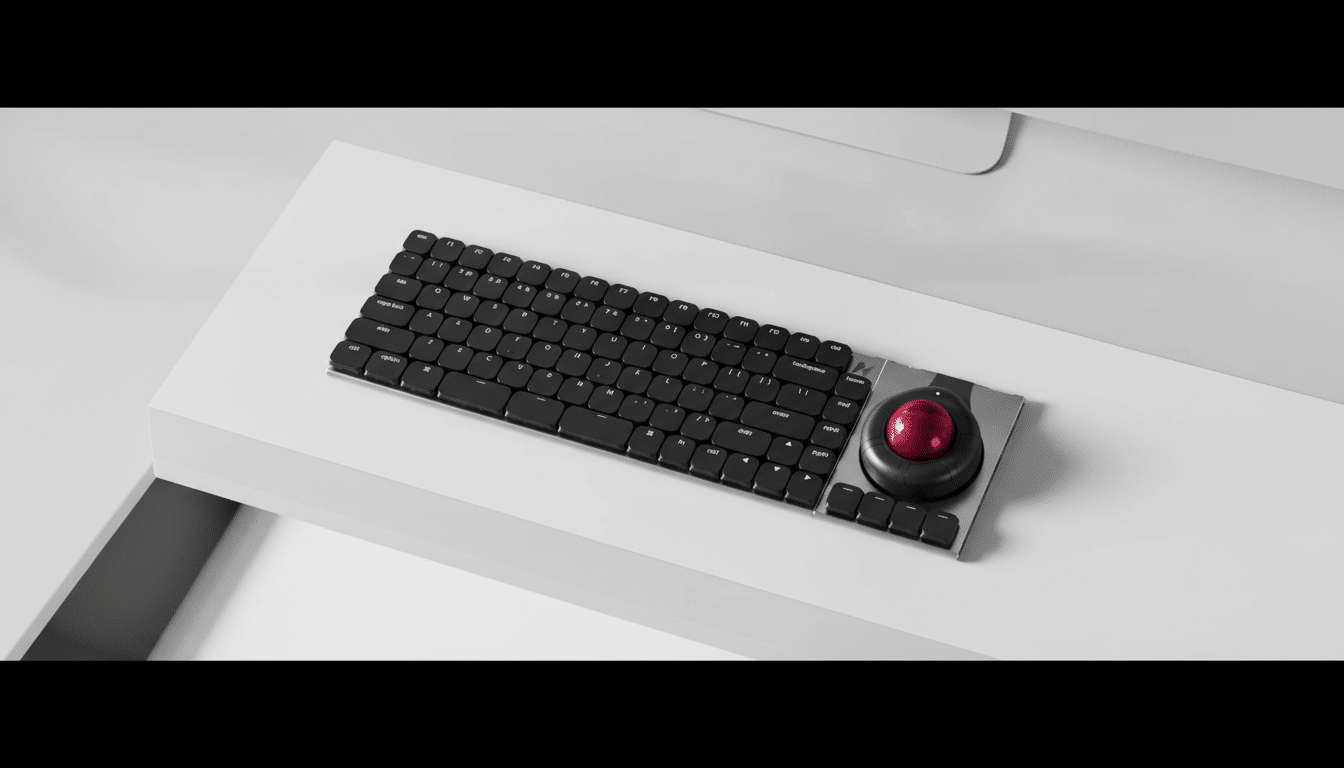 A black keyboard with a red trackball on a white desk, resized to a 16:9 aspect ratio.