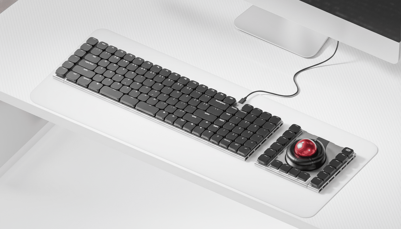 A professional overhead shot of a sleek, minimalist black keyboard and a separate trackball mouse with a red sphere, both connected to a computer monitor, set on a clean white desk.