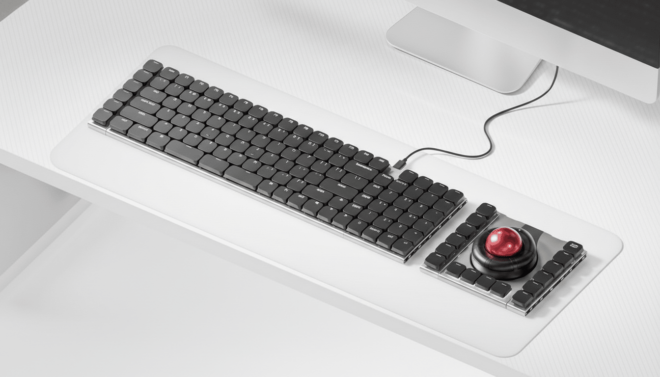A professional overhead shot of a sleek, modern keyboard with a separate trackball module, both in a minimalist design, set on a white desk next to a computer monitor.