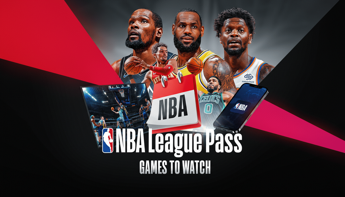 A promotional image for NBA League Pass, featuring several NBA players including Kevin Durant, LeBron James, and Julius Randle, along with smaller images of game action, an NBA calendar icon, and a smartphone displaying the NBA app. The text NBA League Pass and GAMES TO WATCH are prominently displayed.