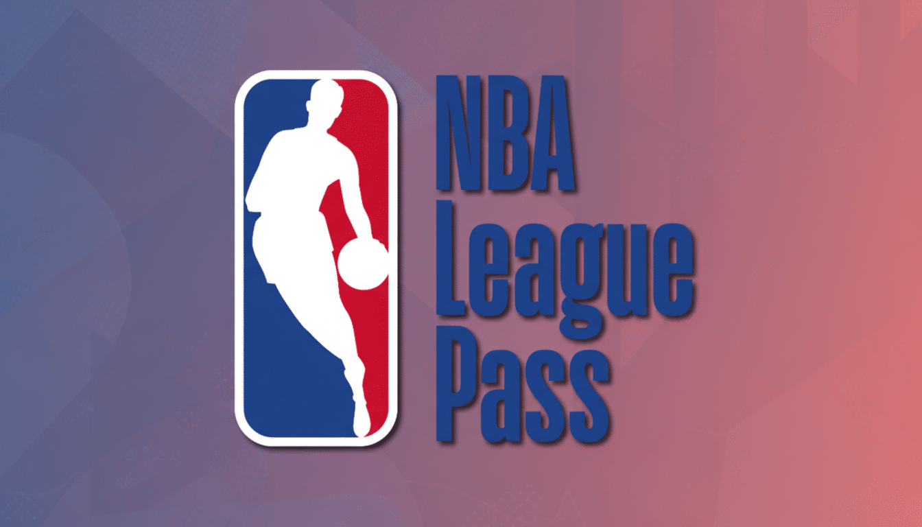 The NBA League Pass logo with a professional flat design background featuring a soft gradient from red to blue.