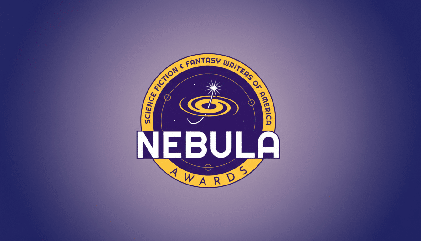 The Nebula Awards logo, featuring a purple and gold circular emblem with a stylized galaxy and star, centered on a professional blue and purple gradient background.