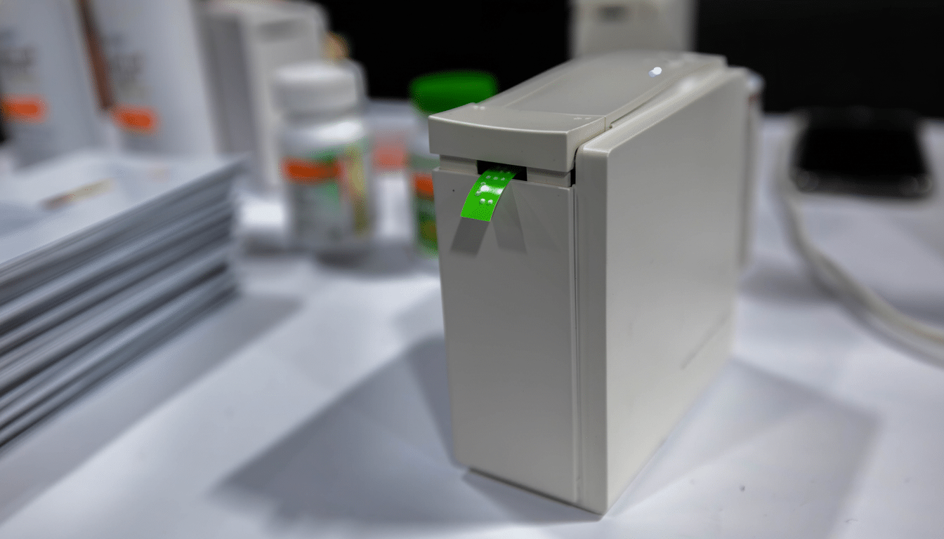 A white medical device with a green tab protruding from its side, sitting on a white surface with blurred medical supplies in the background.