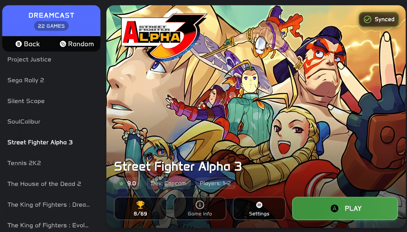 A screenshot of a Dreamcast game selection screen, highlighting Street Fighter Alpha 3 with its cover art featuring multiple characters.