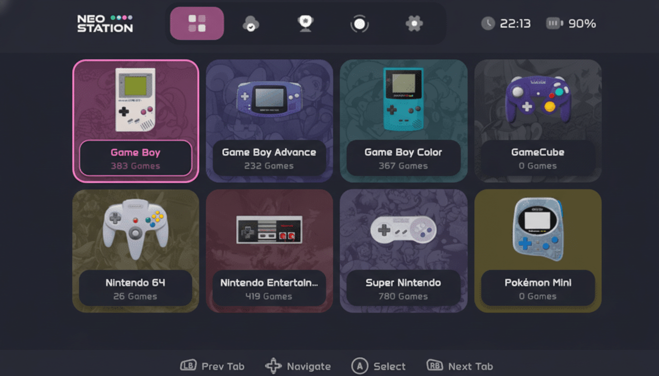 A screenshot of the Neo Station interface, displaying various classic gaming consoles like Game Boy, Game Boy Advance, Game Boy Color, GameCube, Nintendo 64, Nintendo Entertainment System, Super Nintendo, and Pokémon Mini, each with the number of games available. The Game Boy is highlighted.
