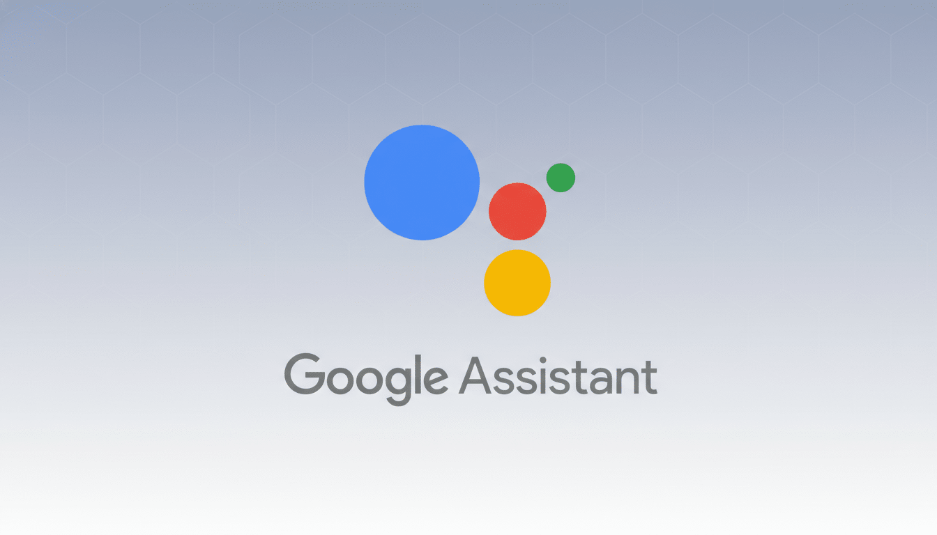 The Google Assistant logo, featuring four colored dots (blue, red, yellow, green) above the text Google Assistant, set against a professional light gray background with a subtle hexagonal pattern.