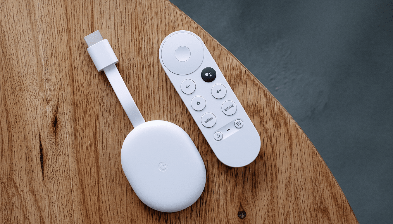 A white Google Chromecast with Google TV and its remote control resting on a wooden surface.