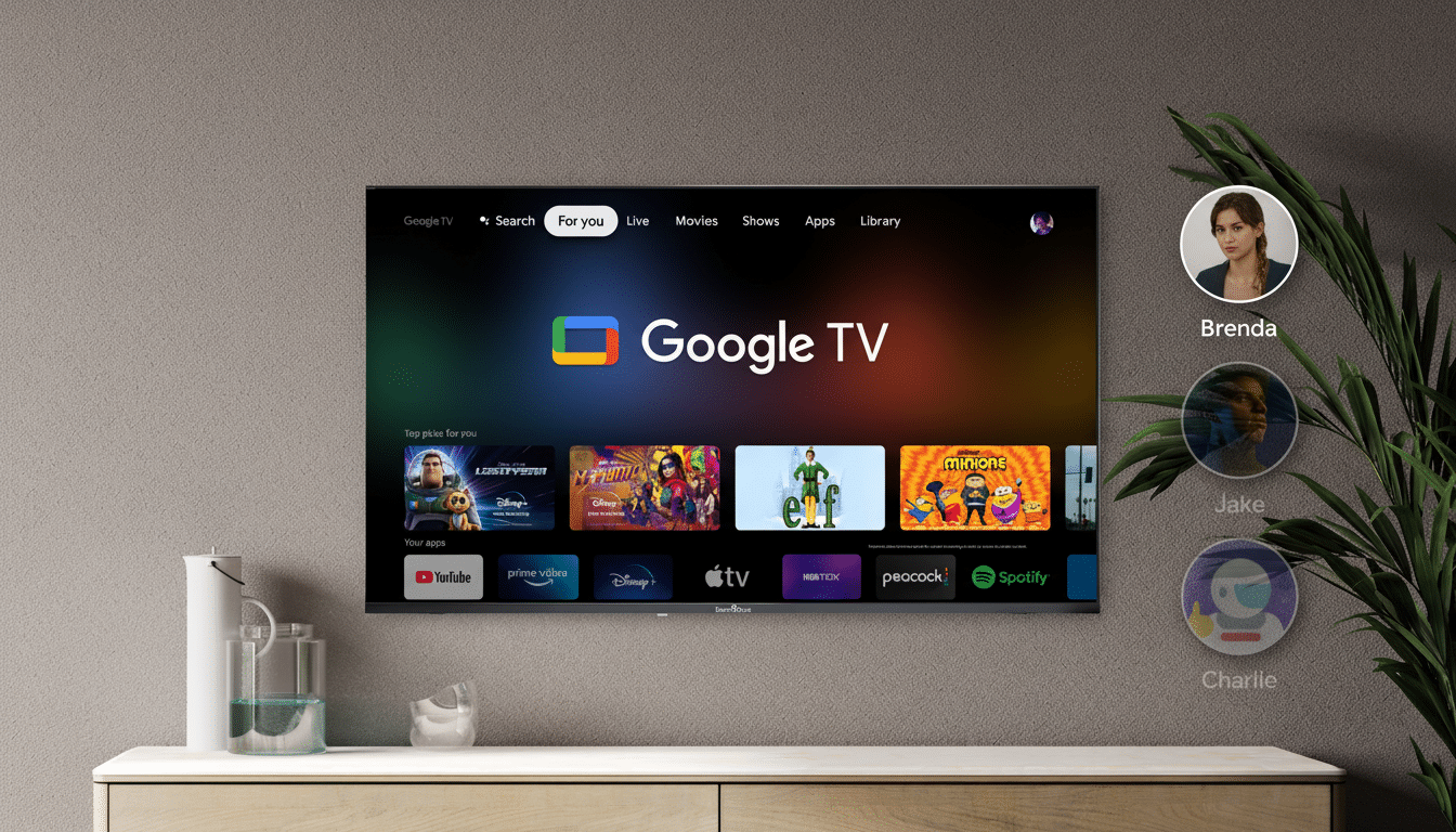 A Google TV interface displayed on a television screen, with user profiles for Brenda, Jake, and Charlie shown on the right side.