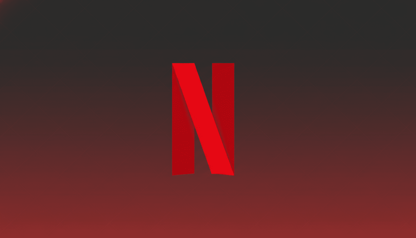 The Netflix N logo, a red ribbon-like letter, centered on a professional 16:9 background with a subtle dark red to black gradient and a faint geometric pattern.