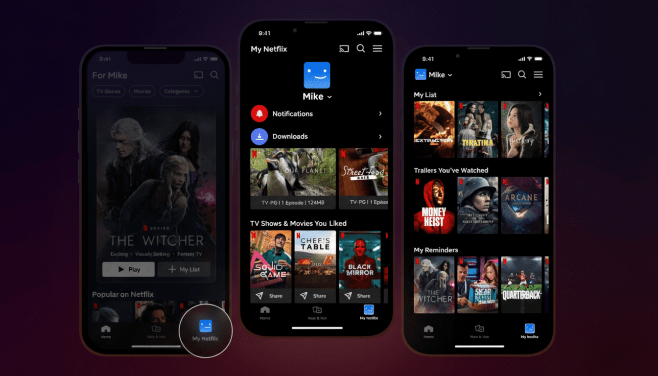 Three iPhones displaying the Netflix app interface. The left phone shows the home screen with The Witcher prominently featured. The middle phone displays the My Netflix profile page with notifications and downloads. The right phone shows My List and Trailers Youve Watched sections.