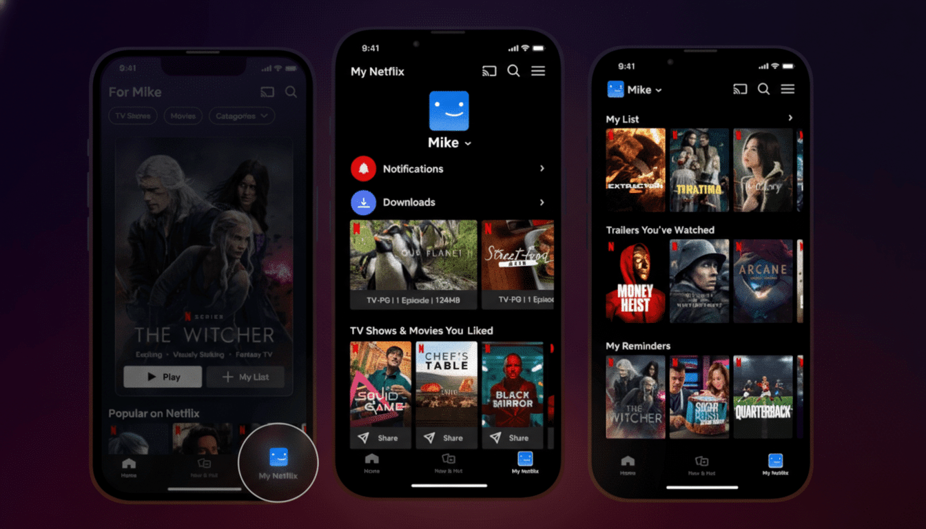 Three iPhones displaying different screens of the Netflix app, showcasing user profiles, notifications, downloads, and content recommendations.