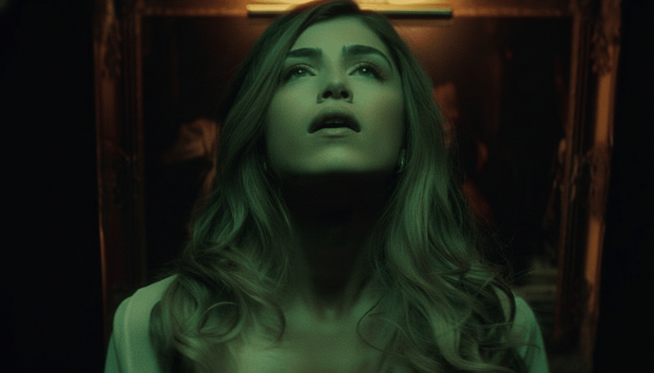 A woman with long, wavy hair looks upwards with a surprised expression, illuminated by a green light from below.