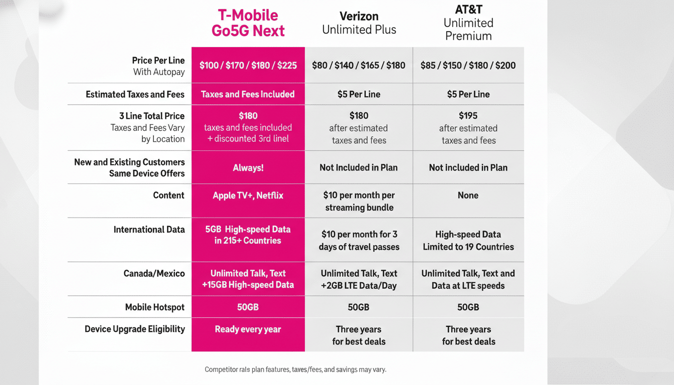 A comparison table of T-Mobile Go5G Next, Verizon Unlimited Plus, and AT&T Unlimited Premium plans, detailing prices, taxes, customer offers, content, international data, Canada/Mexico benefits, mobile hotspot data, and device upgrade eligibility.