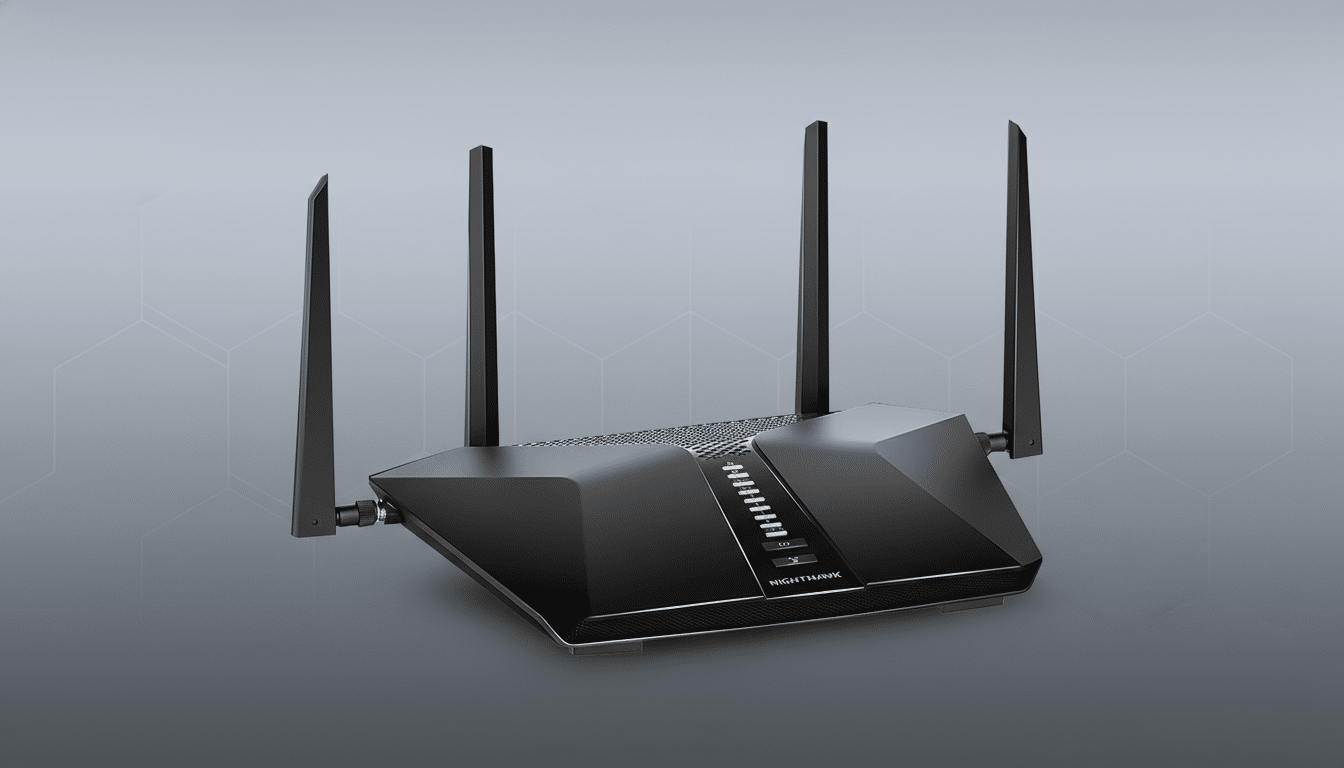 A black Nighthawk WiFi router with four antennas, presented on a professional flat design background with soft patterns and gradients.