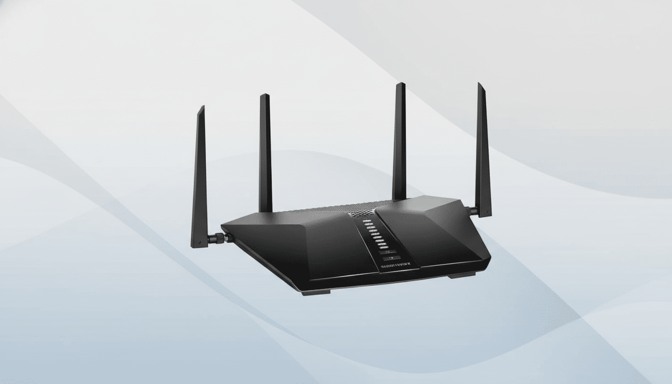 A black Netgear Nighthawk router with four antennas, presented on a professional flat design background with soft gray and white gradients.