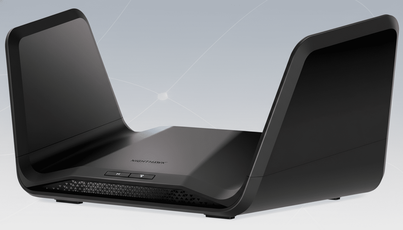 A black Nighthawk router with a modern design, featuring two large, wing-like antennas, presented on a professional light gray background with subtle geometric patterns.