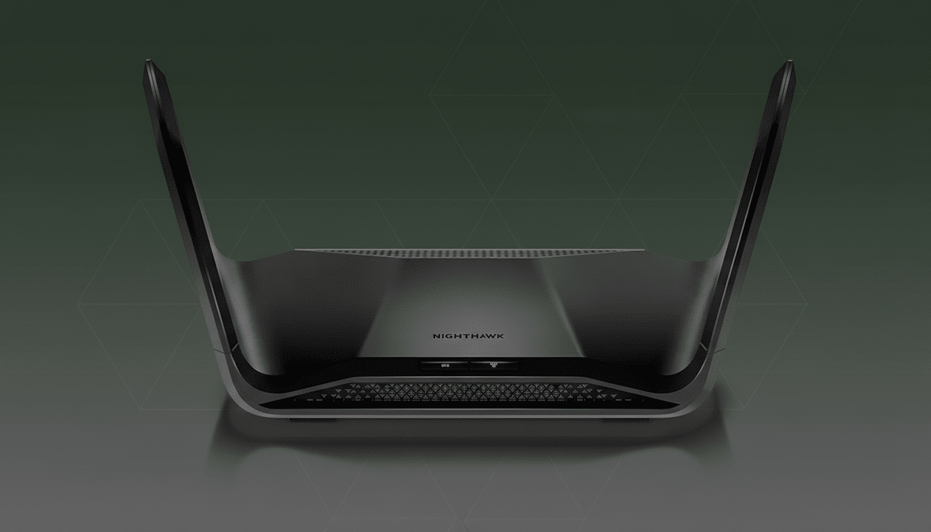 A black Nighthawk router with two large antennas, presented on a professional dark green background with subtle geometric patterns.