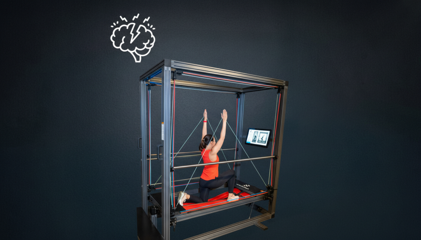 A woman in a red top and black leggings performs a lunge exercise inside a metal frame structure, with a tablet displaying exercise information to her right. A white brain icon with lightning bolts is drawn above her head.