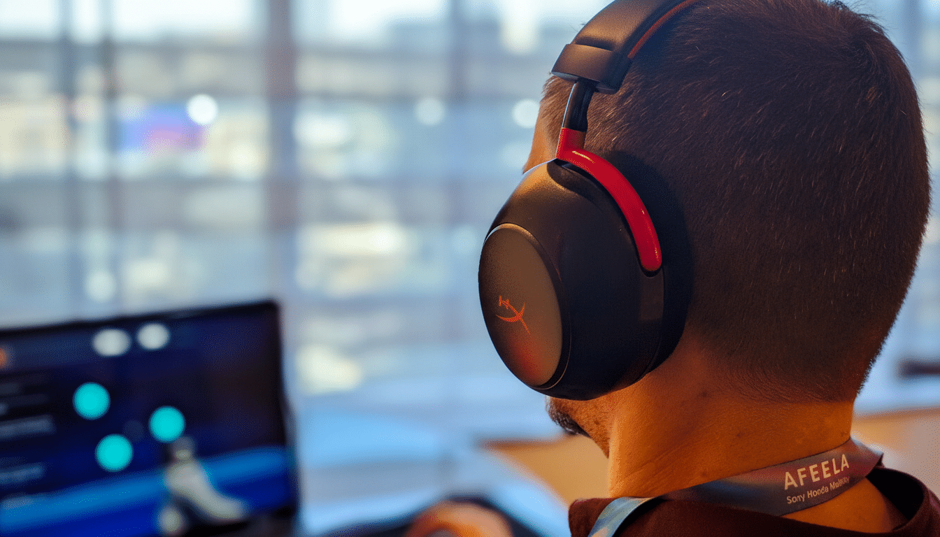 A person wearing black and red HyperX headphones, looking at a laptop screen.