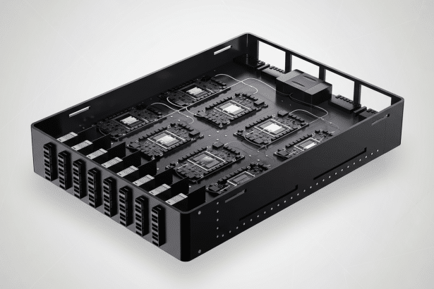 A black server chassis with multiple circuit boards and processors, presented on a professional flat design background with soft patterns.